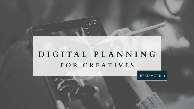 Person using digital tablet with stylus, overlay text: Digital planning for creatives.