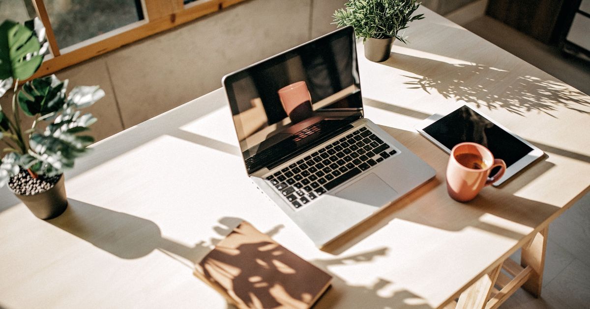 A home office setup with a laptop, and plant, a book and a cup of coffee infront of a window with sunlight streaming in.