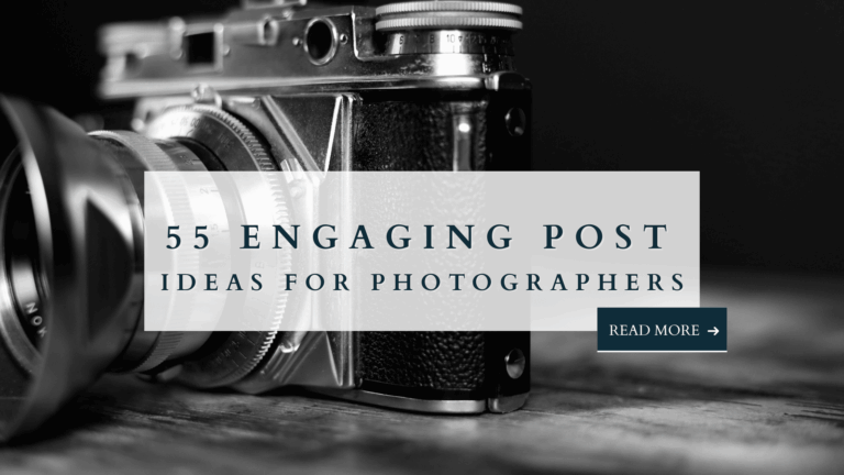Vintage camera close-up on a wooden table with overlay text: 55 engaging post ideas for photographers.