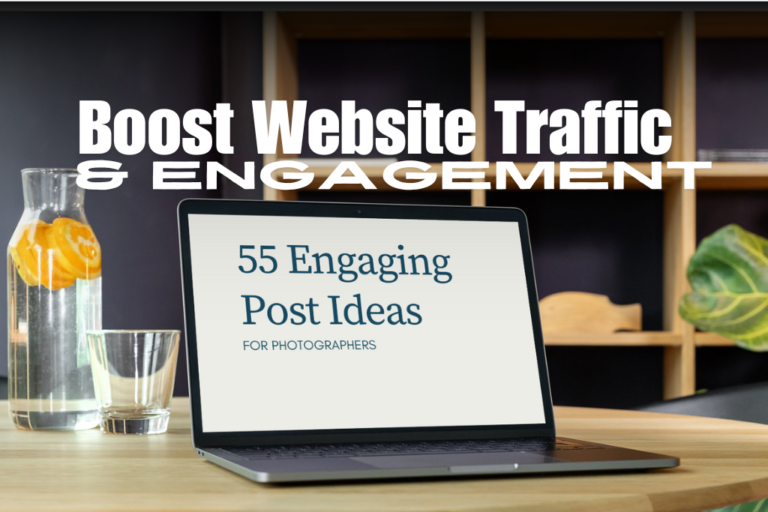 55 Engaging post ideas displayed on a laptop which is on a table with a drink sat next to it