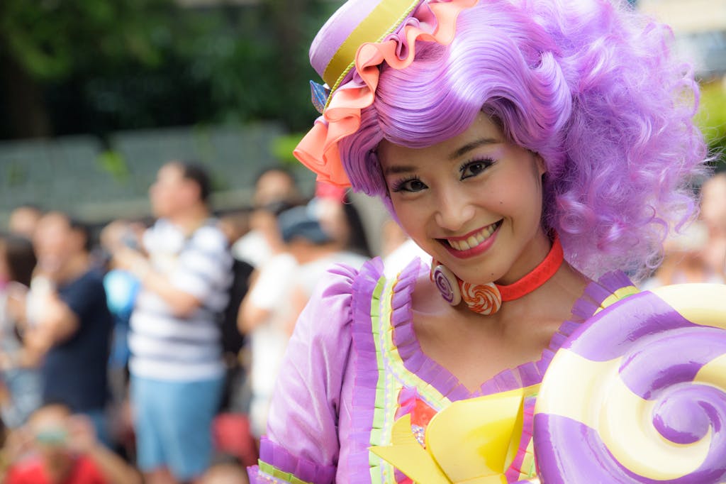 Woman Wearing Purple Wig and Dress