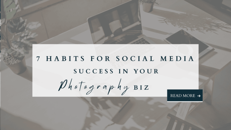 Laptop on a desk with coffee cup and plants in the background, text overlay: 7 habits for social media success in your photography biz.