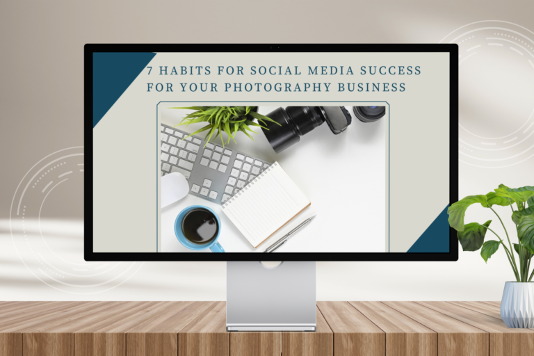 A computer on a table with a copy of 7 habits for social media success on