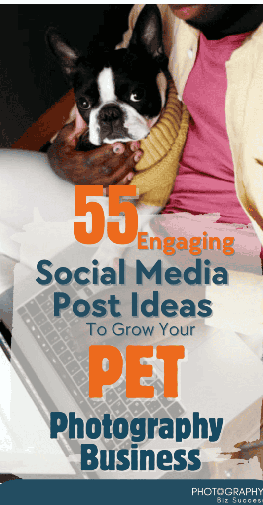 A bull terrier dog looking direct to the camera with the text overlay that reads 55 engaging post ideas to grow your pet photography business. 