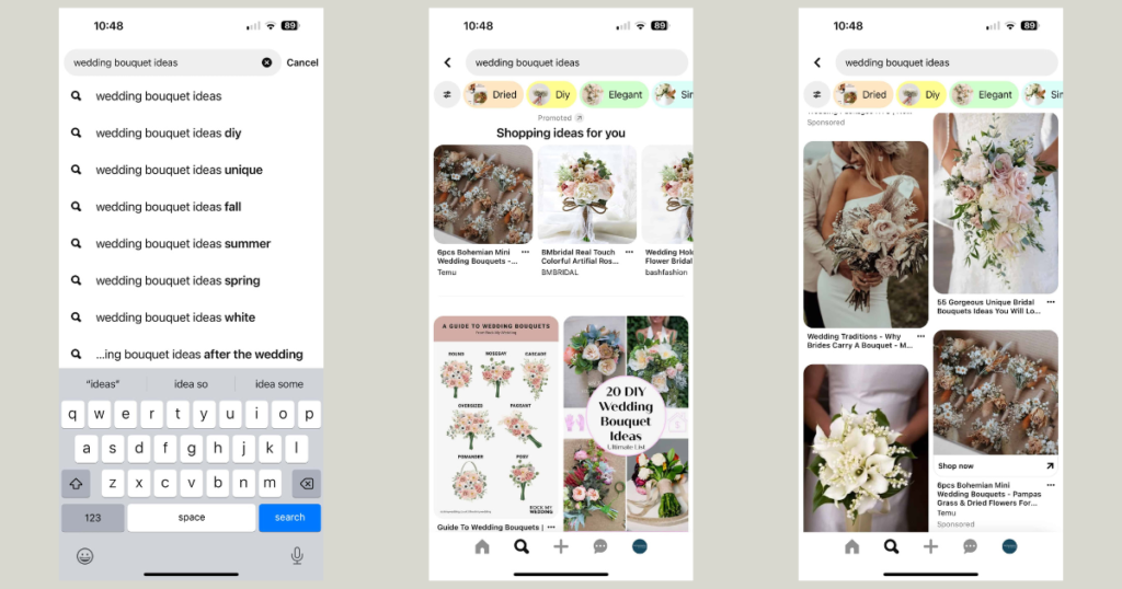 The 3 images are of a Pinterest search for wedding bouqets.