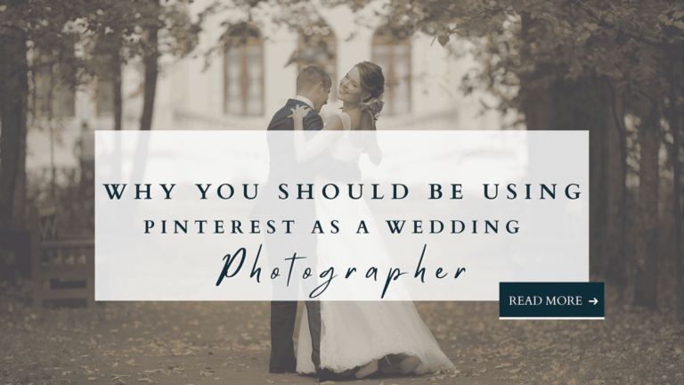 Bride and groom in an embrace on their wedding day. The text overlay reads Why you should be using Pinterest in you wedding photography business.