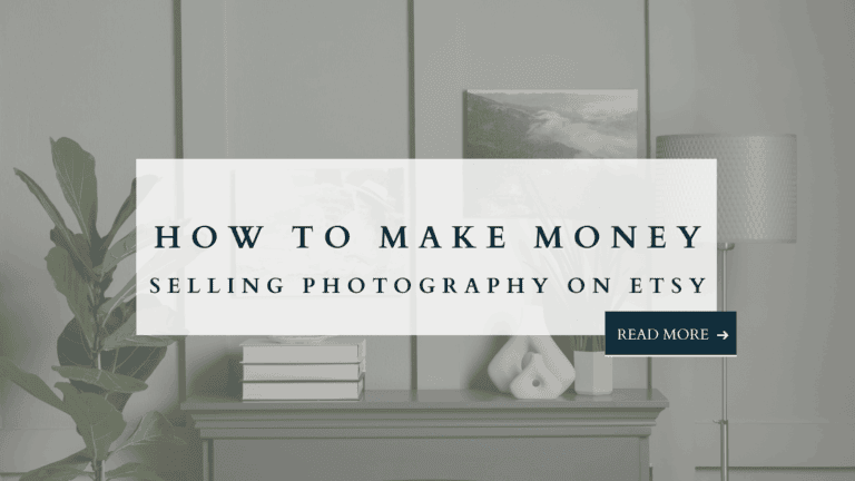 Blog graphic with modern home décor background, books, lamp, and plant, with text overlay reading “How to Make Money Selling Photography on Etsy.”