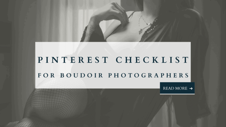 Blog graphic with a woman in lingerie and fishnet stockings, text overlay reads “Pinterest Checklist for Boudoir Photographers.”