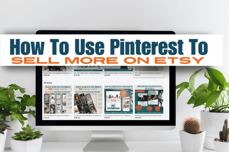 A computer on a table with some plant near it. The text overlay read How to use Pinterest to sell more on Etsy