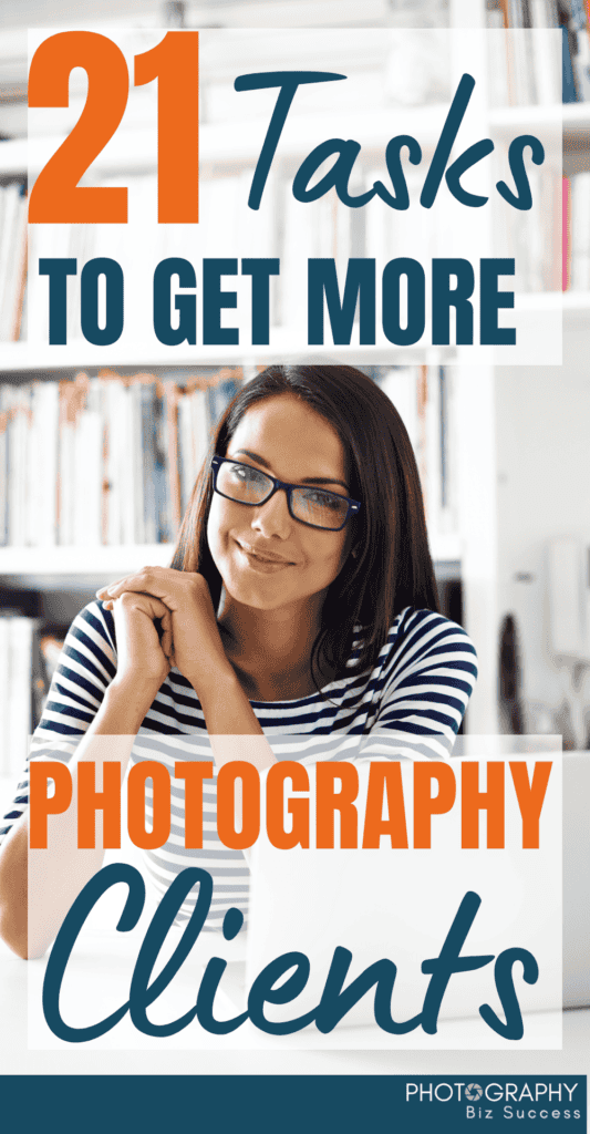  A woman in front of some book shelves. She's wearing a striped top and wearing glasses. The text overlay reads 21 tasks to get more photography clients. 