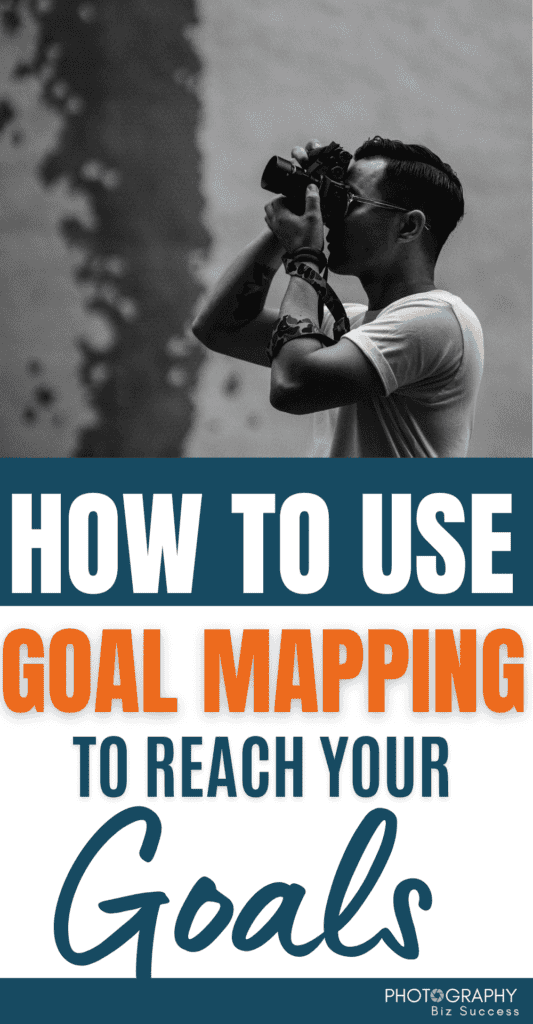 A black and white image of a male photographer taking a photo with his camera, the text overlay reads 'How to use goal mapping to reach your goals'