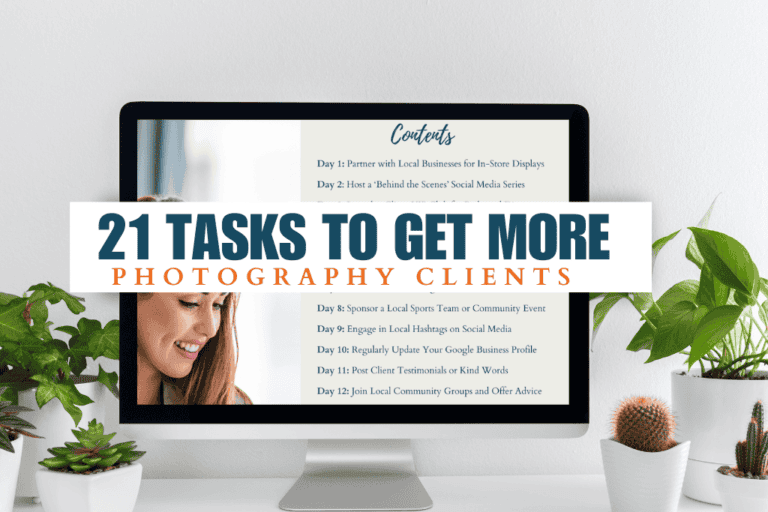 A Computer with a copy of a PDF that accompanies the blog. The computer screen has a text banner across it that reads 21 tasks to get more photography clients.