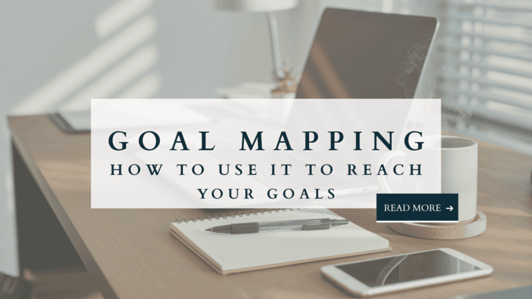 Desk with notebook, pen, smartphone, coffee cup, and laptop with text overlay: Goal Mapping – How to Use It to Reach Your Goals.