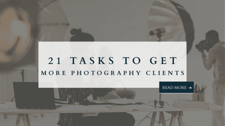 Photographer working in a studio with laptop and camera gear, text overlay: 21 Tasks to Get More Photography Clients.