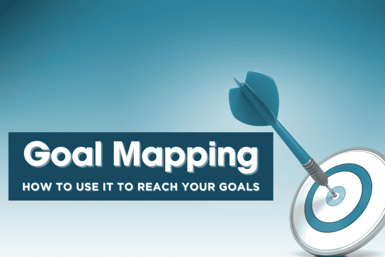 A blue gradient background with a blue and white bullseye with a blue dart in. The text alongside reads 'Goal Mapping' How to use it to reach your goals.