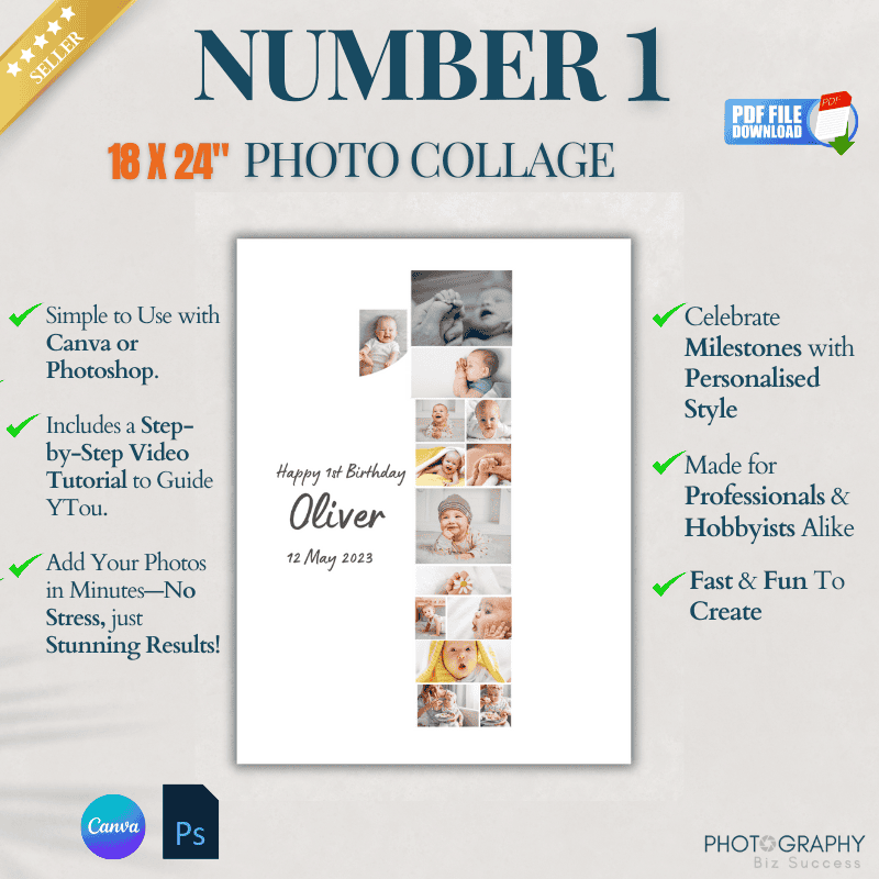 Number 1 photo collage template poster, 18x24 inches, showcasing a personalised 1st birthday keepsake for ‘Oliver’. Editable in Canva and Photoshop, includes a step-by-step video tutorial.