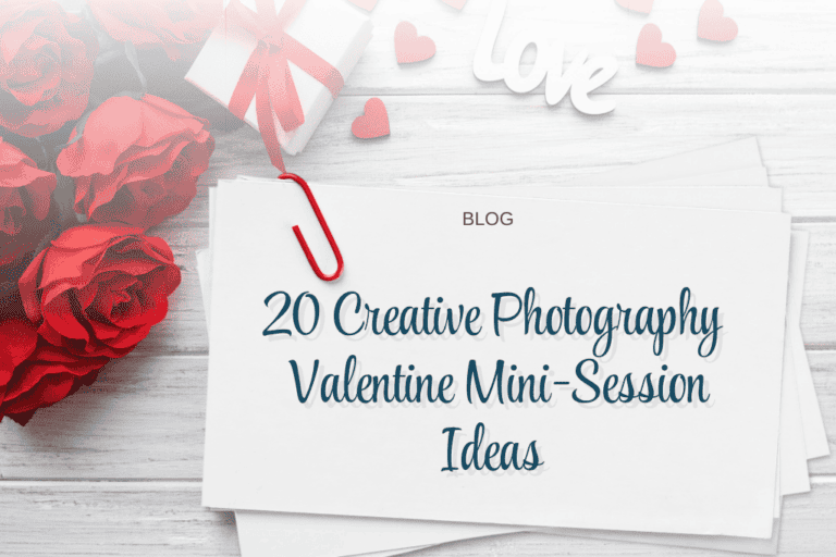 White washed boards with red roses, red hears and other valentine decorations. Some notecards held together with a paperclip. The following text is written on the top notecard - 20 Creative Photography valentine mini session ideas.