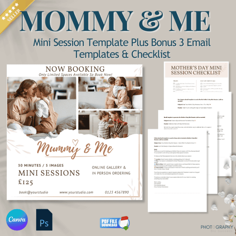 Mommy & Me product image showing the mini session templates, on-the-day checklist & 3 email templates.