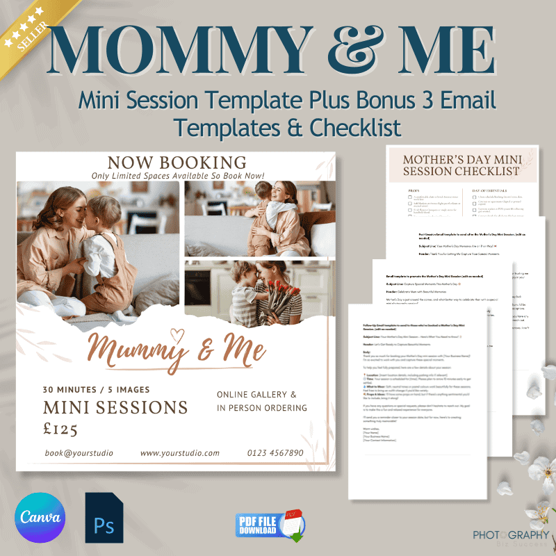 Mommy & Me product image showing the mini session templates, on-the-day checklist & 3 email templates.