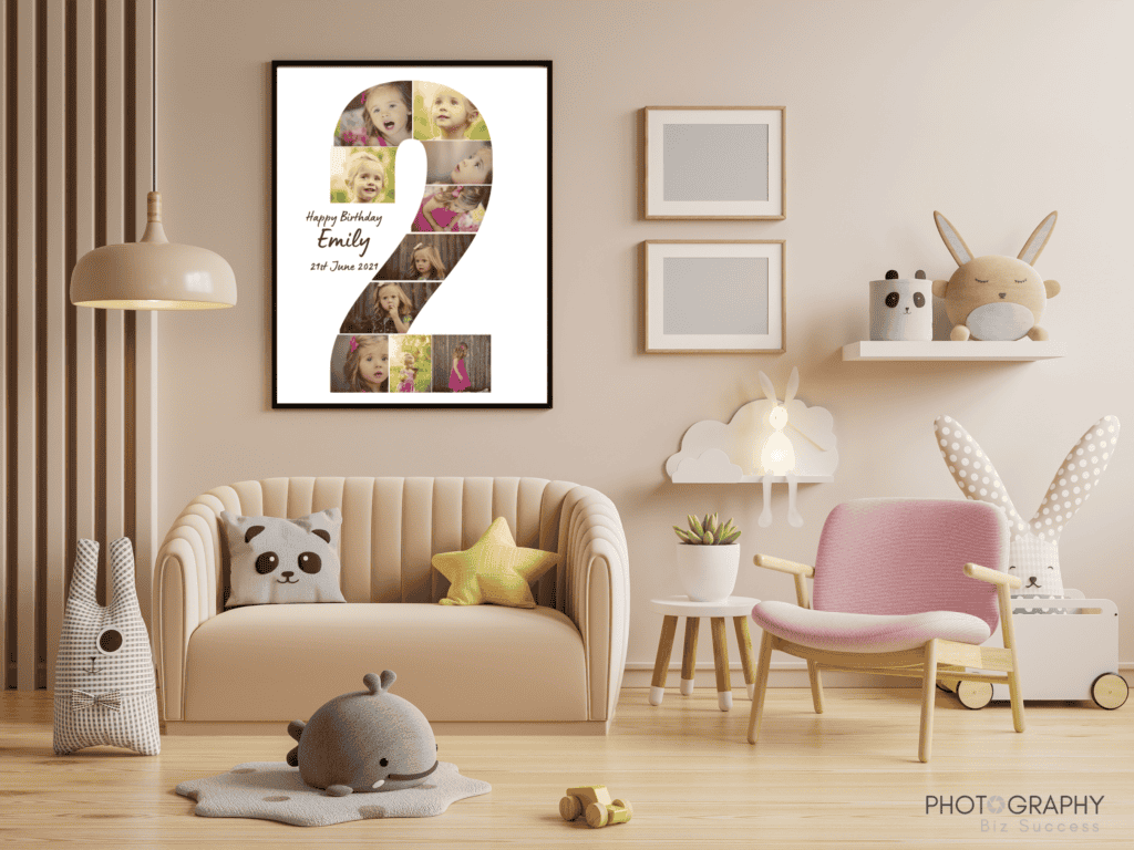Framed number 2 photo collage in a childs nursery
