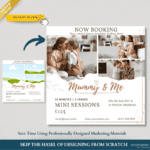 Mommy and Me mini session template for marketing a mother's day photoshoot. Alongside the main template is the template you'll receive when you purchase this product.