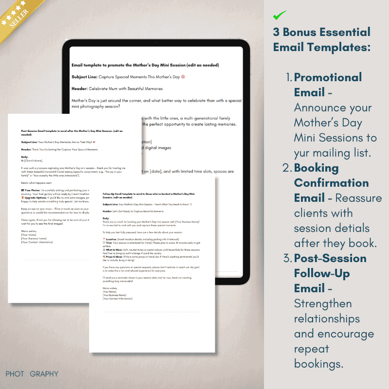 The image shows an ipad frame and on it is one of the three email templates that can be sent to your photography business clients when marketing a mommy and me photo session