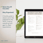 A desk with an ipad standing up on it, on the ipad is a copy of the mother's day mini session checklist, one of 2 bonus products.