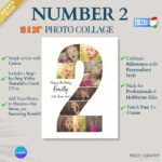 A number “2” photo collage template displayed on a digital canvas, highlighting its easy customization in Canva with a step-by-step video tutorial.