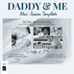 Alt Text: “Editable Daddy & Me Mini Session template featuring black and white father and child photos, session details, and booking information for photographers.