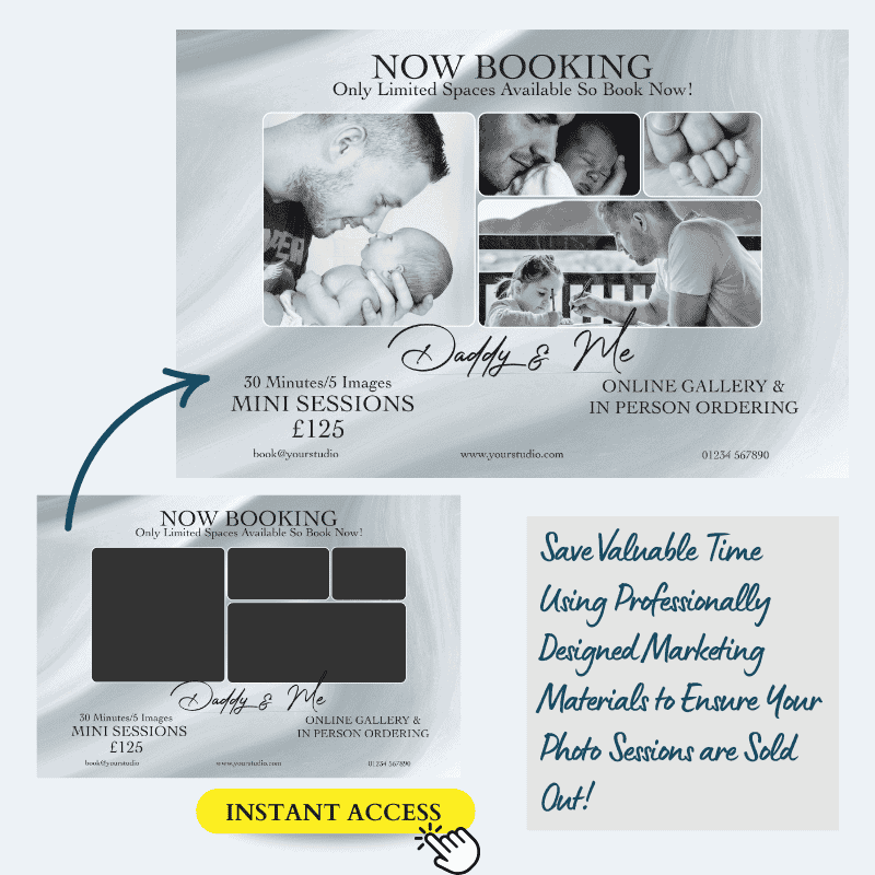 Daddy & Me mini session template with photo placeholders and instant access badge, designed to help photographers promote sessions quickly and professionally.