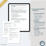 Set of three bonus email templates for promoting, confirming, and following up on Father’s Day mini sessions, shown on a digital tablet.