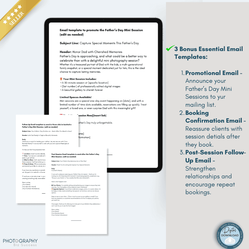 Set of three bonus email templates for promoting, confirming, and following up on Father’s Day mini sessions, shown on a digital tablet.
