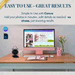 A modern desktop setup displaying the editable Mother’s Day Mini Session template in Canva. Showcasing how photographers can quickly customise the flyer to match their brand and session details