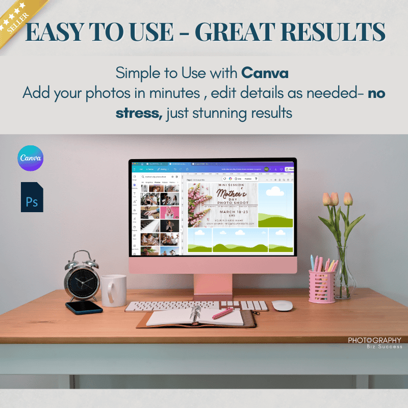 A modern desktop setup displaying the editable Mother’s Day Mini Session template in Canva. Showcasing how photographers can quickly customise the flyer to match their brand and session details