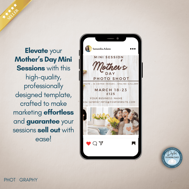 Mobile-friendly Mother’s Day Mini Session promotional template. Designed for seamless social media marketing, ensuring an effortless booking process for photographers.