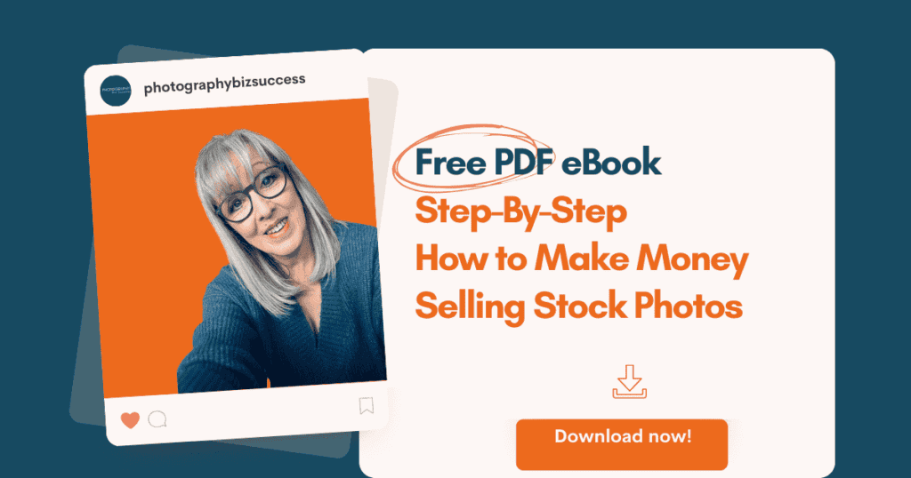 Promotional graphic showing Nicky from Photography Biz Success offering free eBook – Step-by-Step How to Make Money Selling Stock Photos