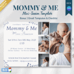 Editable Mommy & Me mini session template with pricing, date, and photo collage design