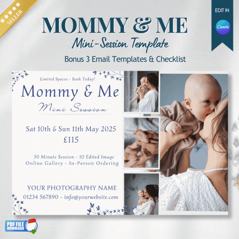 Editable Mommy & Me mini session template with pricing, date, and photo collage design