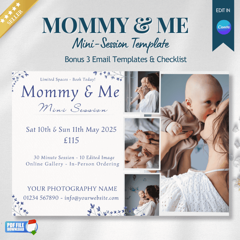 Editable Mommy & Me mini session template with pricing, date, and photo collage design