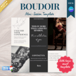 Boudoir mini session template in Canva with $125 price, contact details, expert posing, and high-resolution digital images for photographers.