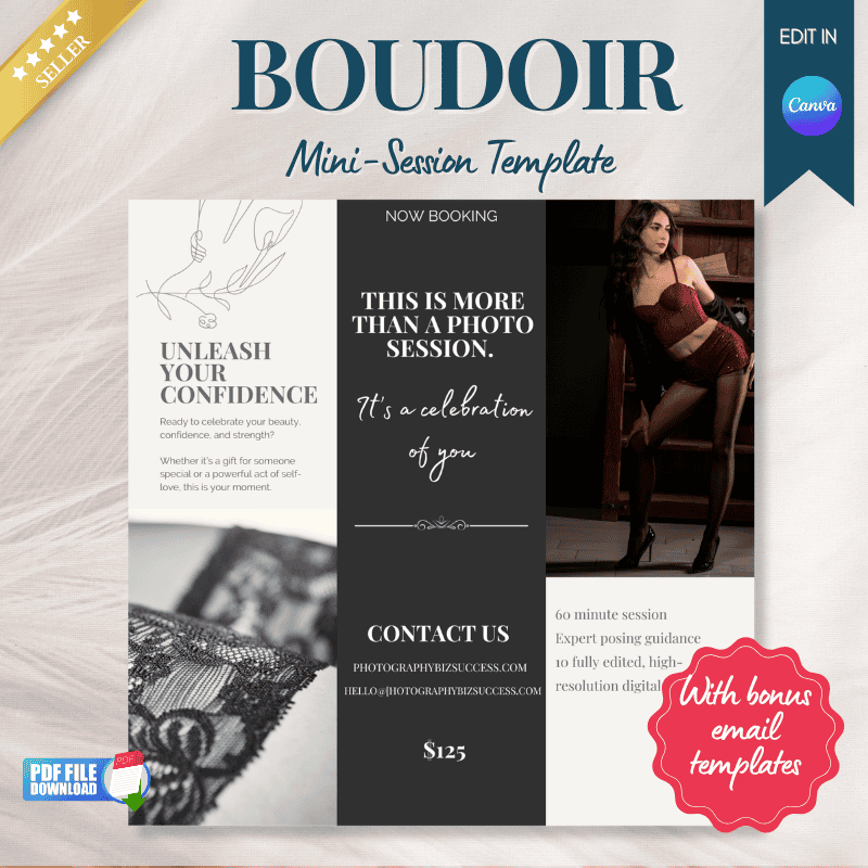 Boudoir mini session template in Canva with $125 price, contact details, expert posing, and high-resolution digital images for photographers.