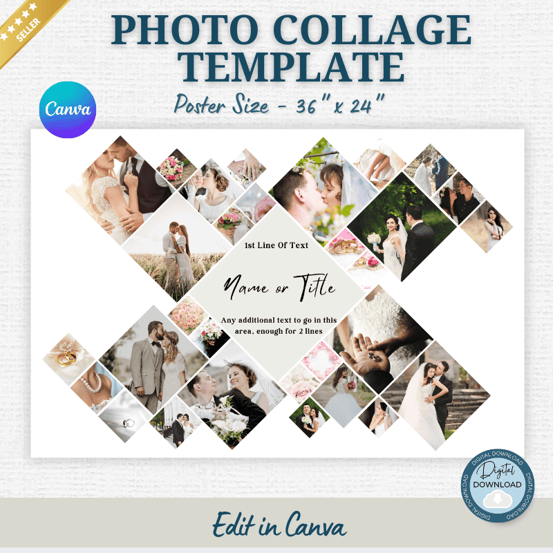 Editable 36x24 photo collage template for photographers, featuring a wedding-themed layout with 30 images