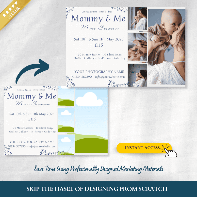Before and after example of editable Mommy & Me mini session flyer design