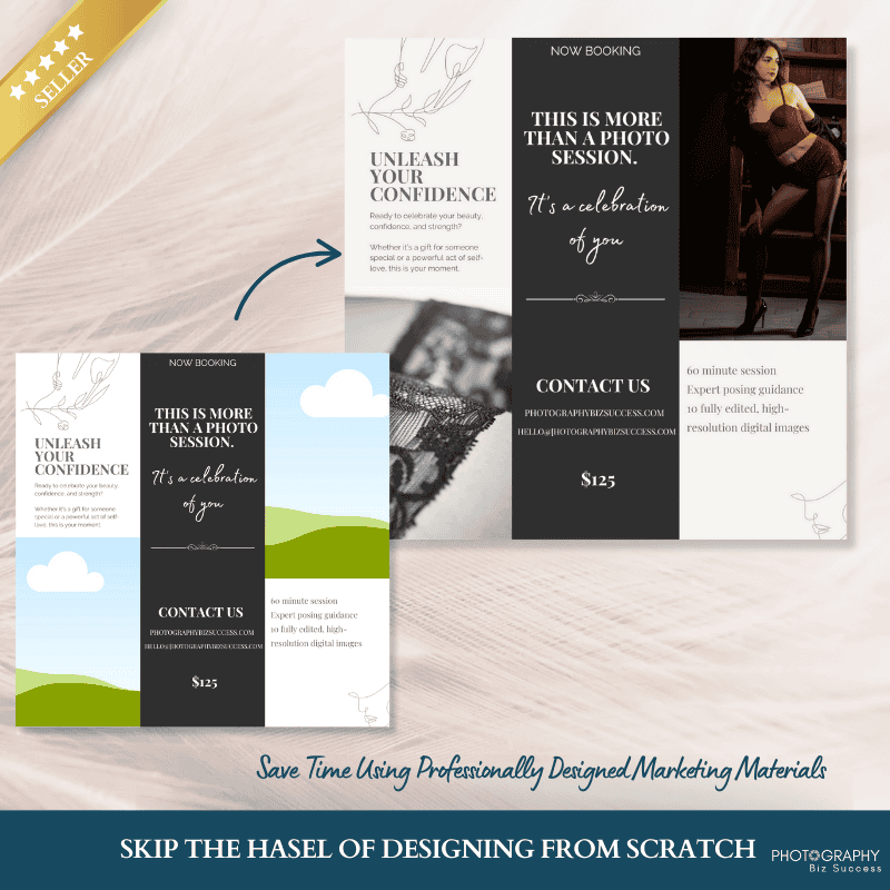 Before and after preview of editable boudoir mini session flyer in Canva with customisable sections for photographers.