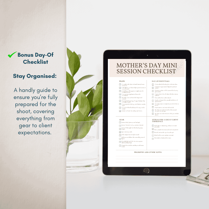Mother’s Day mini session checklist shown on tablet screen