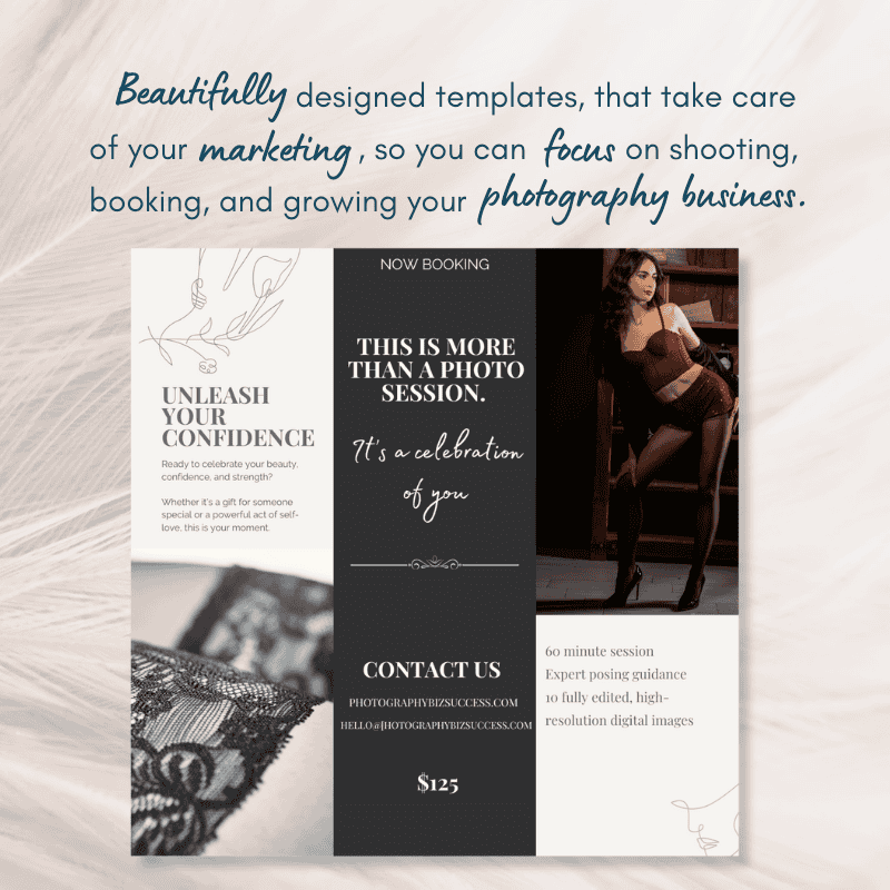 Professionally designed boudoir photography flyer template promoting confidence and empowerment, tailored for marketing mini sessions.