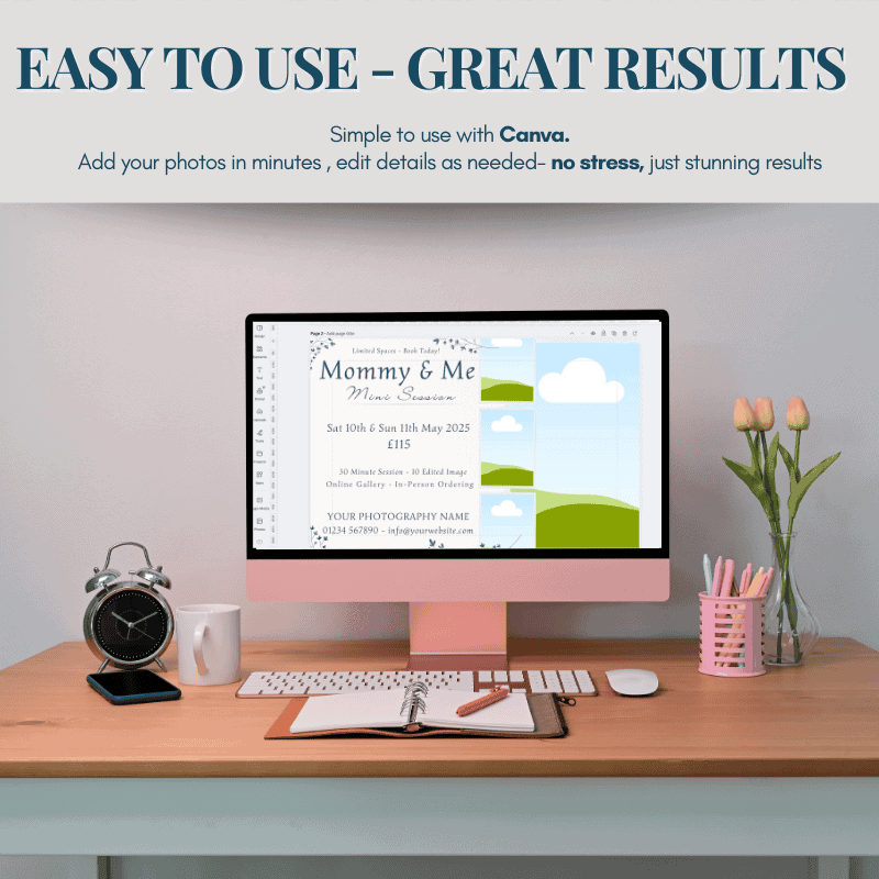 Canva editing screen showing a Mother’s Day mini session flyer template