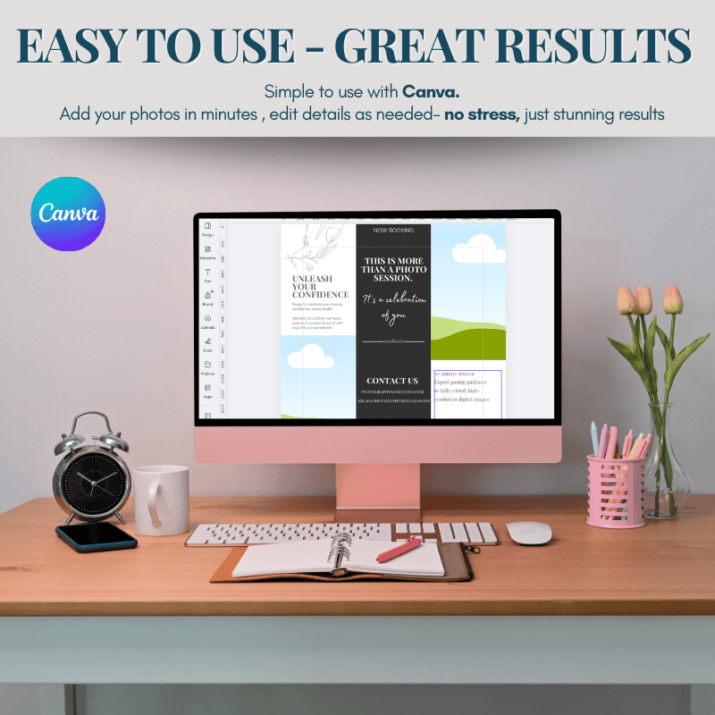 Canva editing screen showing boudoir mini session marketing flyer template, ideal for promoting photography sessions with ease.