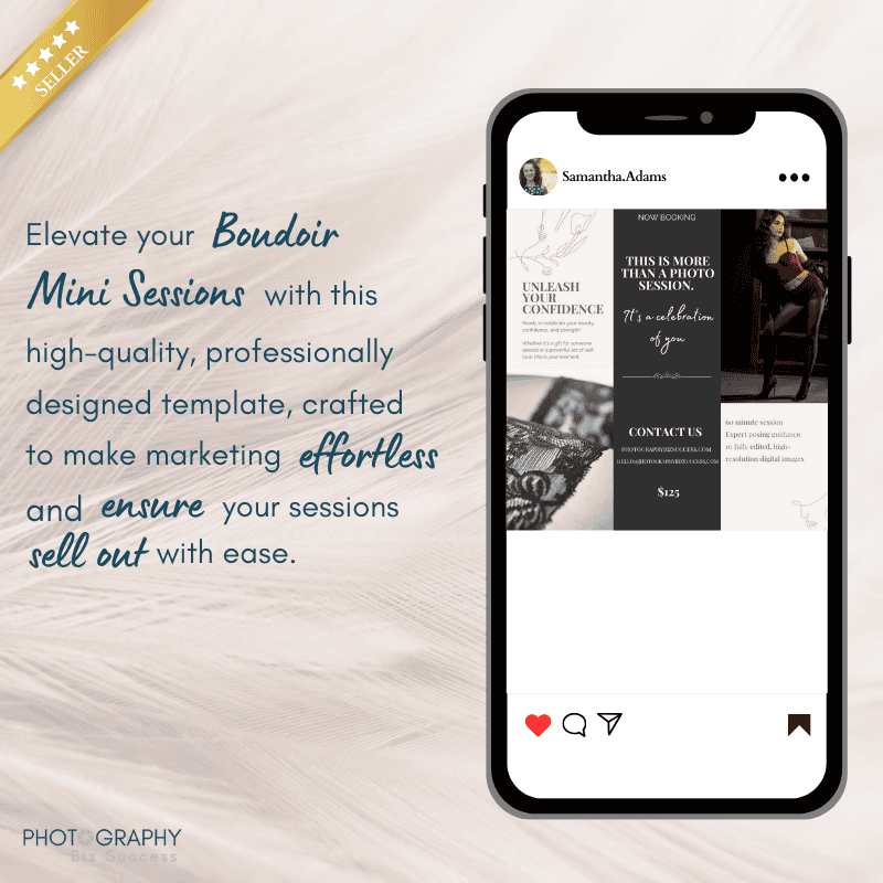 Instagram mockup of boudoir mini session flyer promoting confidence, self-love, and high-quality photography services.