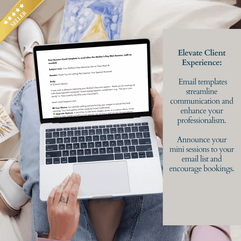 Laptop screen showing post-session email template for photographers
